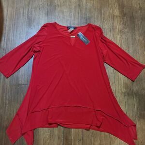 COCO Bianco Womens Red asymmetrical hem. 3/4 sleeve Blouse dressy shirt. NWT